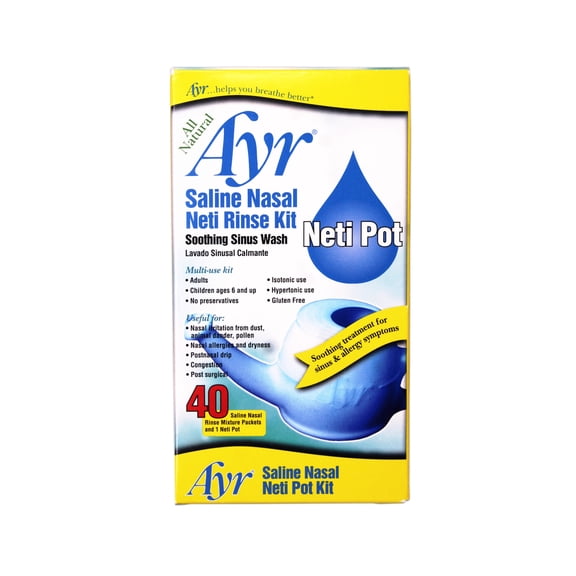 Ayr Saline Nasal Neti Rinse Kit, 40 Saline Packets and 1 Neti Pot, All-Natural Soothing Sinus Wash