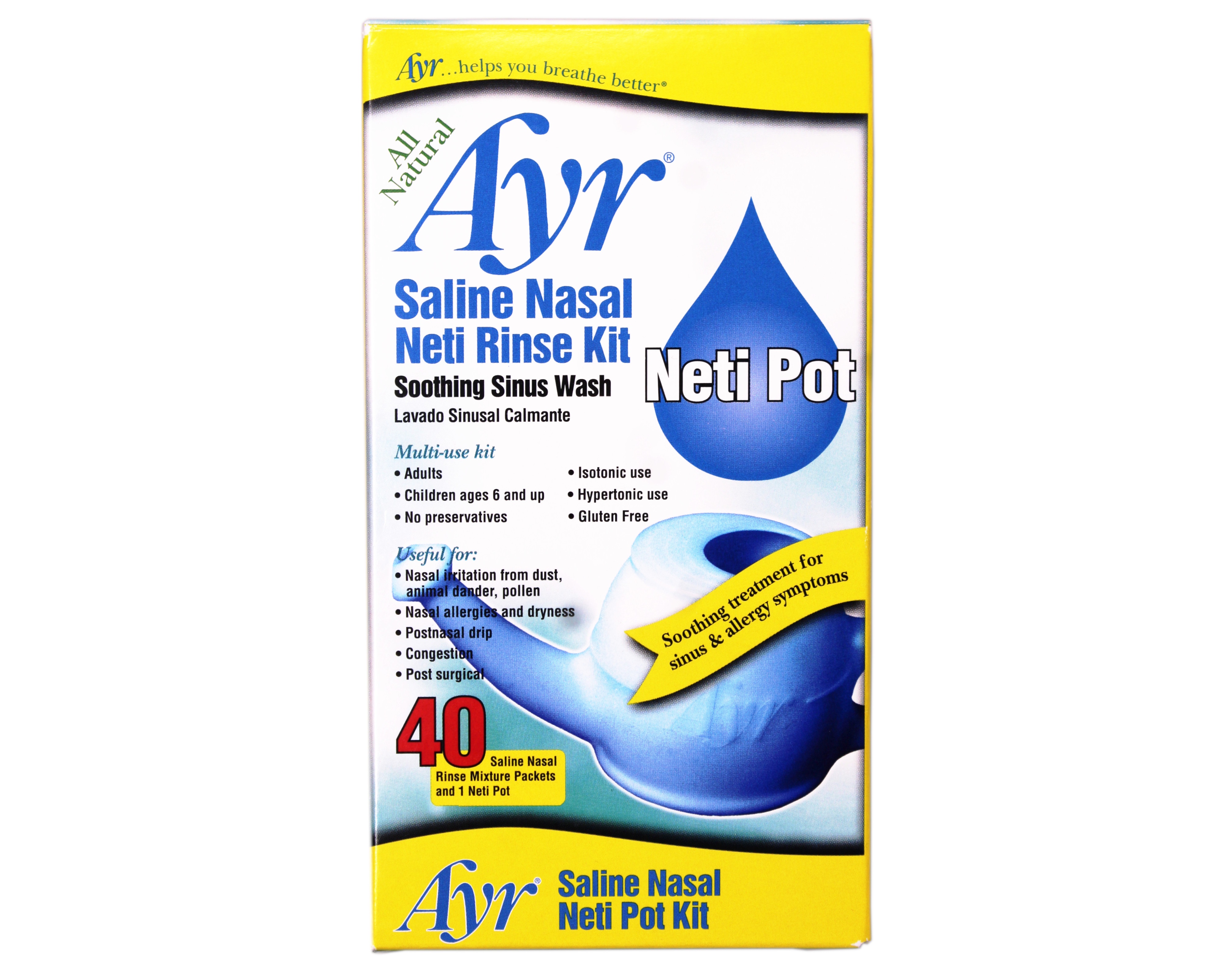 Ayr Saline Nasal Neti Rinse Kit, 40 Saline Packets and 1 Neti Pot, All-Natural Soothing Sinus Wash