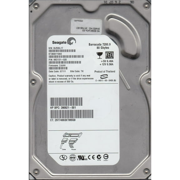ST3808110AS, 9LR, TK, PN 9BD131-020, FW 3.AHH, Seagate 80GB SATA 3.5 Hard Drive