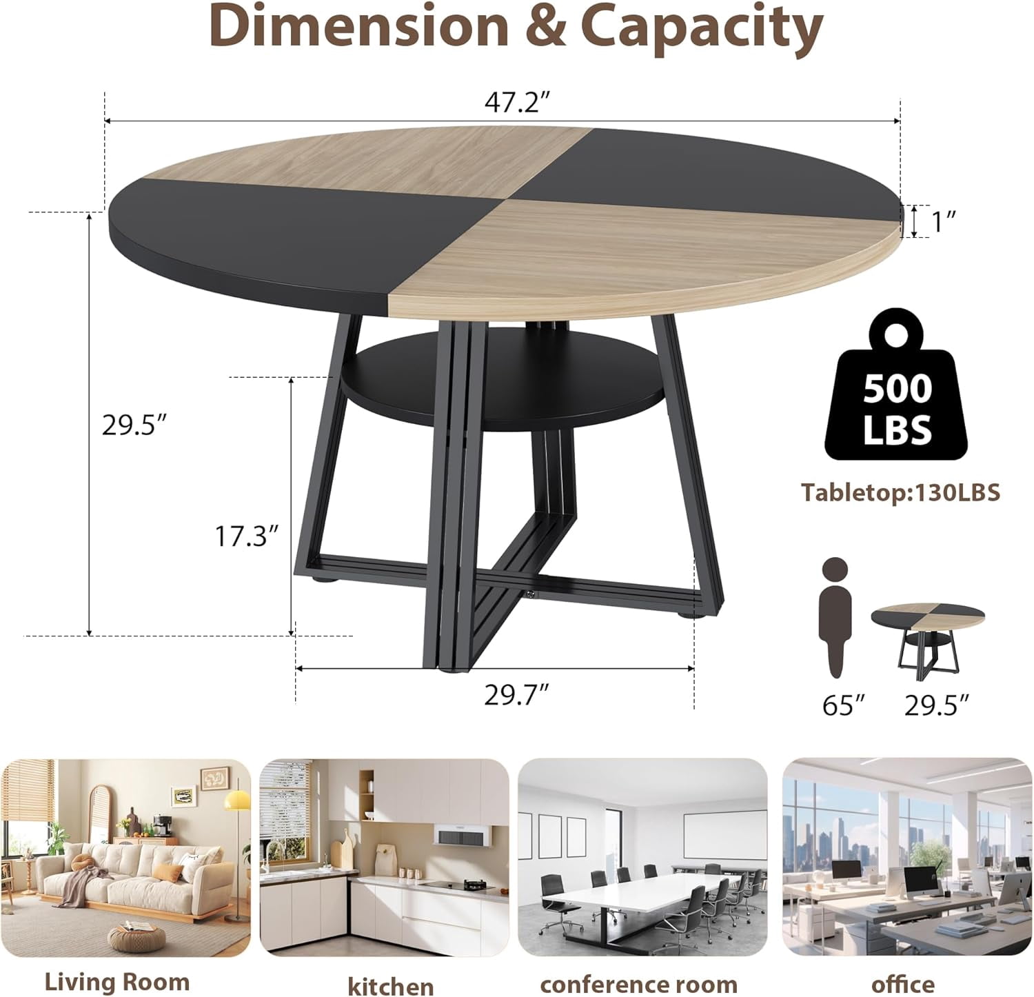 JoanKaren 47.2" Farmhouse Round Dining Table,Circle Dining Table for Kitchen Dining Room,Storage and Metal Square Legs,Black Oak