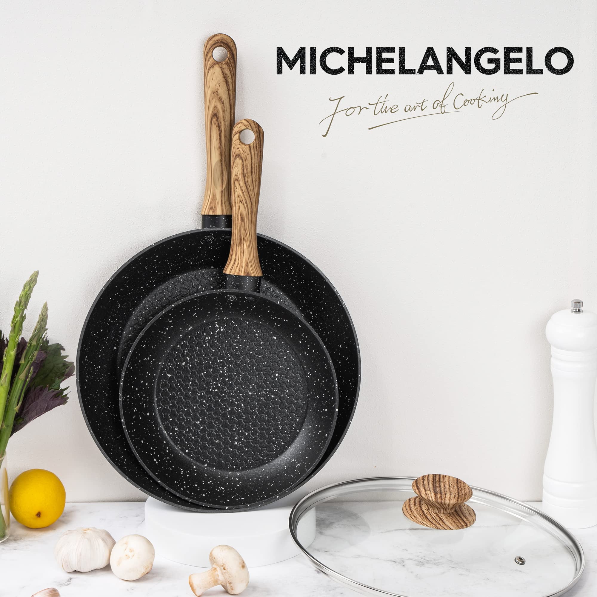 MICHELANGELO 8 Inch Stay-Cool Handle Induction Compatible Frying Pan with Healthy Nonstick Coating Lid
