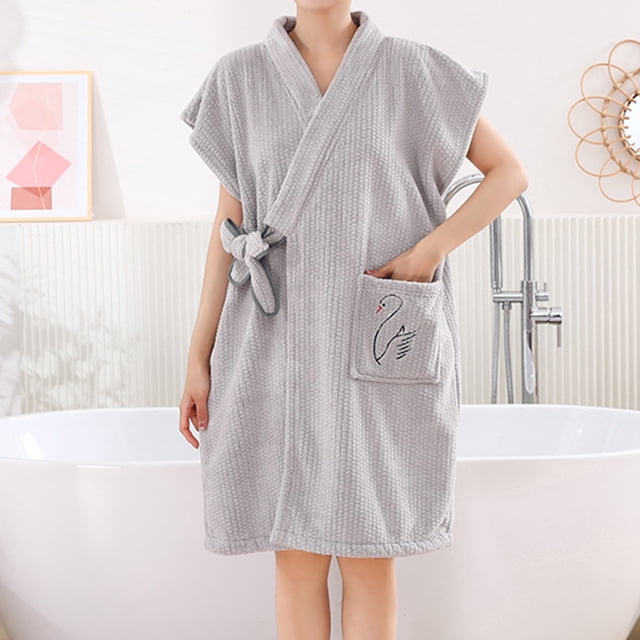 Soki Womens Robe Short Sleeve Bathrobe Soft Thickened Waffle with Pockets V-neck Loungewear Robe with 1 Hair Towel Wrap