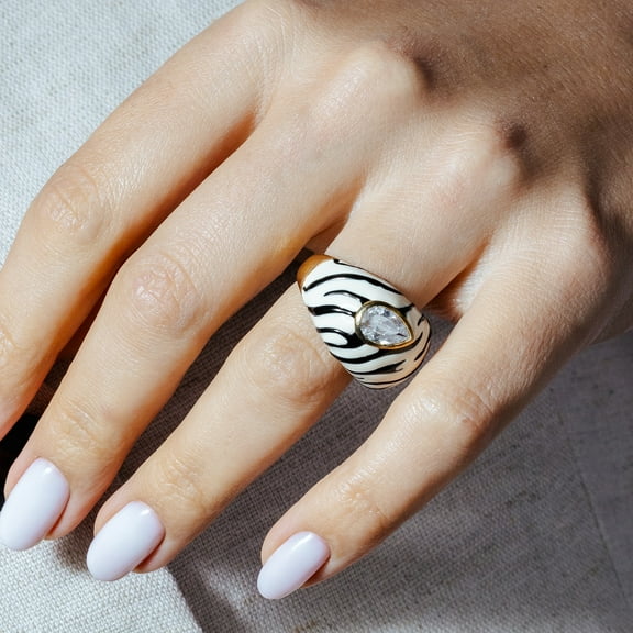 Sterling Silver 925 Gold Plated Enamel Pear Zebra Stripe Dome Ring White CZ Female Size 9