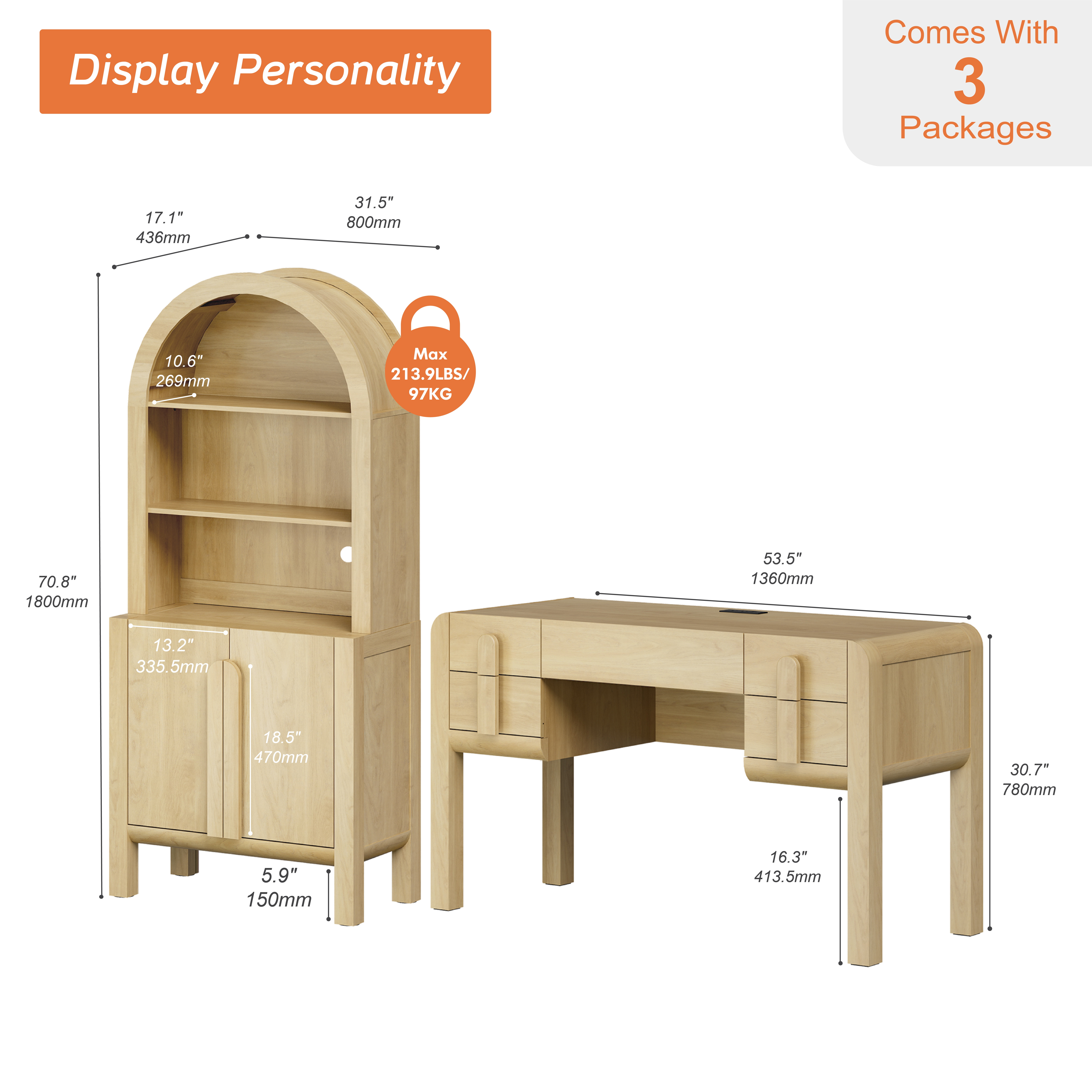 2 Piece Office Set, 53.5" Modern Executive Desk with Charging Station and Drawers & 71"H Tall 5-Tier Arched Bookcases with Storage Cabinet for Living Room, Bedroom, Home Office