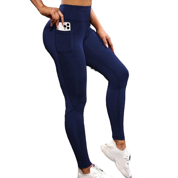 Womens Activewear Sports Leggings Solid Leggings with Phone Pocket Navy