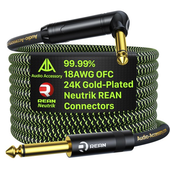 AA AUDIO ACCESSORY Pro Bass Guitar Cable 15 ft, Gold-Plated Neutrik REAN Connector, 18 AWG OFC, Braided 1/4 Inch Instrument Cable for Fende