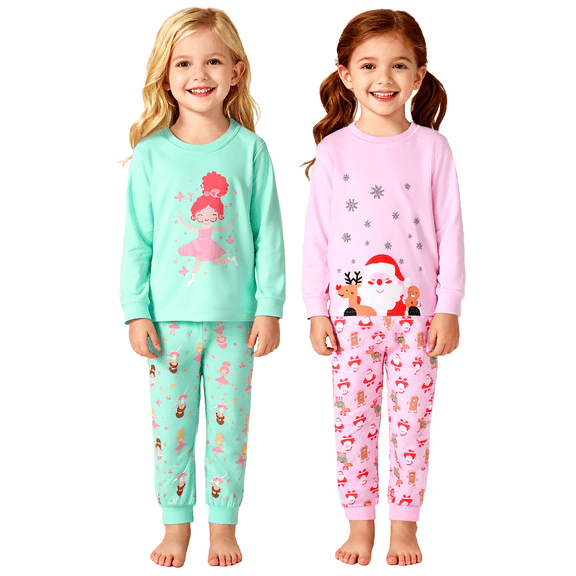 Girls Christmas Pajamas 4 Piece Girls Kids Sleepwear Toddler Long Sleeve Pajamas Winter Nightwear Age 2-12 Years