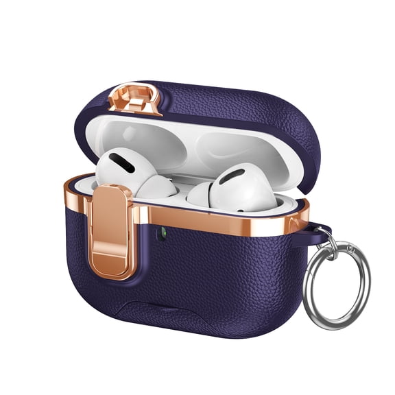 Dteck Case for Apple AirPods Pro 2nd Generation,Shockproof PU Leather with Lock Case Built-in Fold-out Phone Stand Cover with Carabiner Keychain for AirPods Pro 2 (2022), Purple