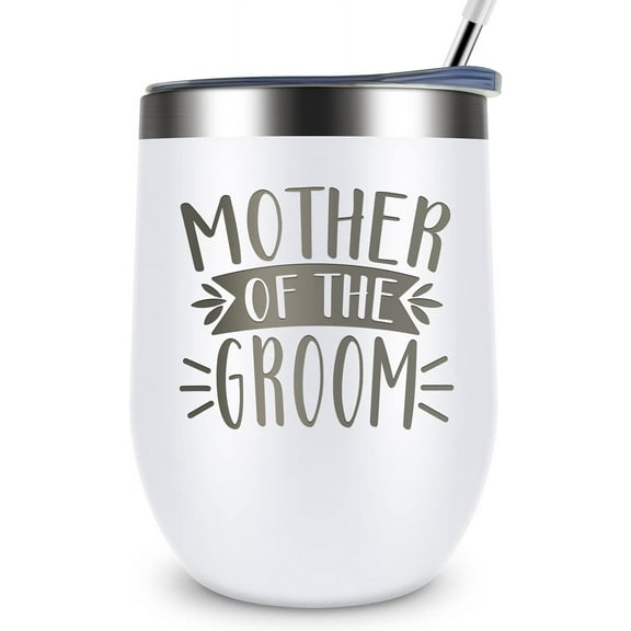 Mother of Groom Tumbler-Engraved Vacuum Insulated Stainless Steel Mug Tumbler with Straw and Lid,Wedding Anniversary Engagement Gifts for Groom Mother from Bride and Groom 12 Ounce White
