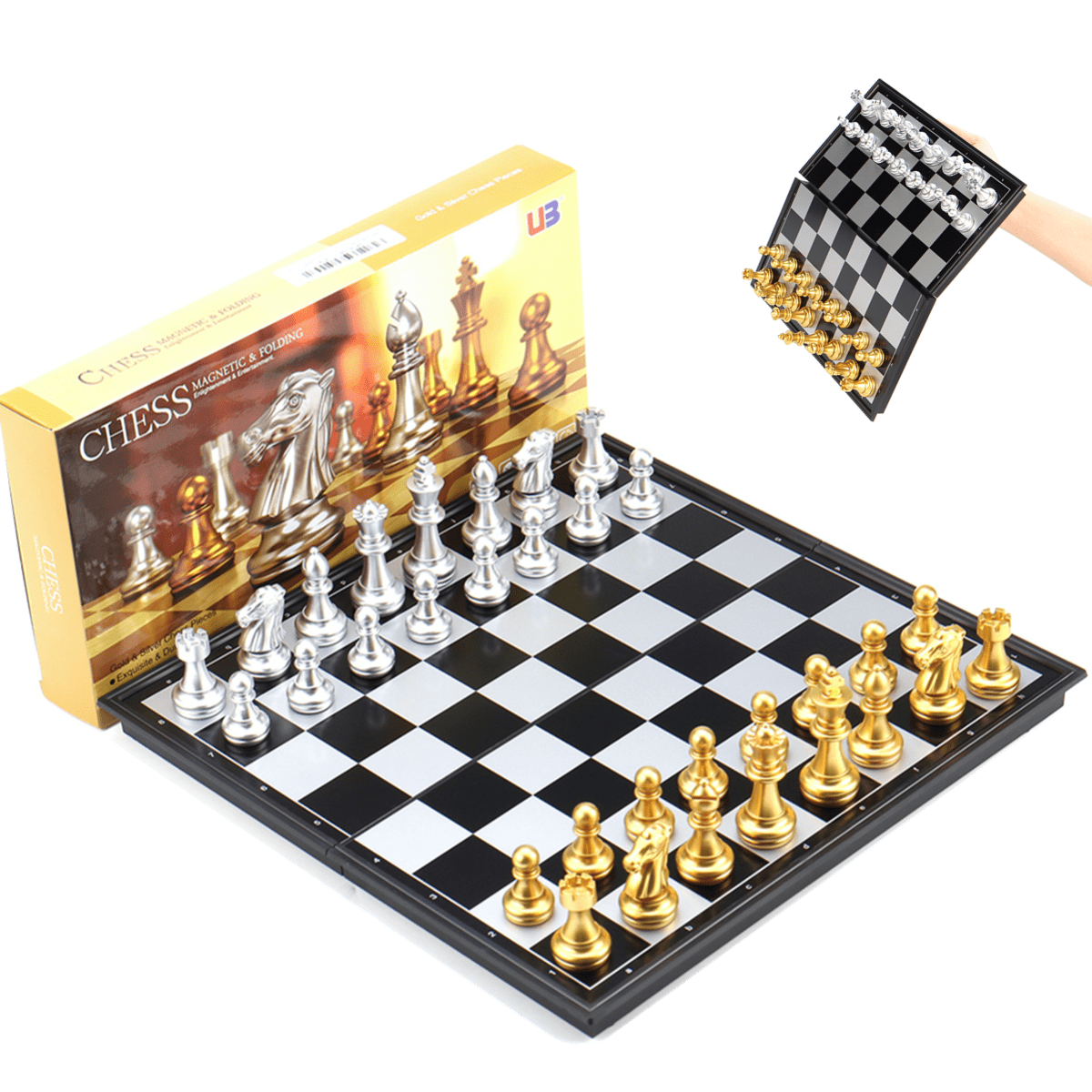 High Quality Foldable Magnetic Silver & Gold Chess Set Checkers Board Game Set 