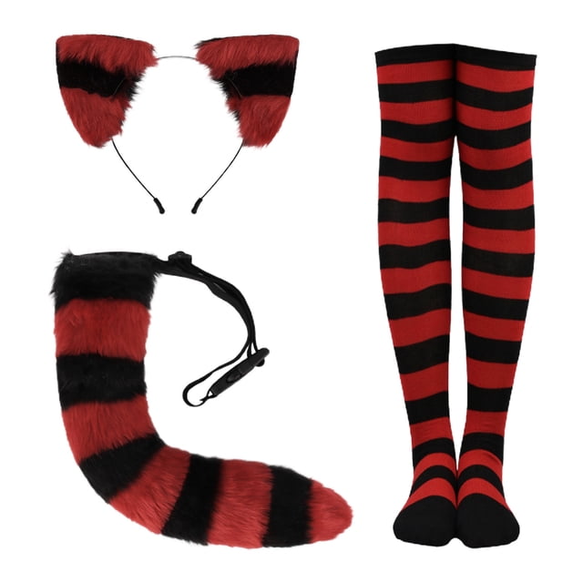 Huanglei "Ladies' Striped Cat Ear And Tail Knee High Socks Set Adorable Accessory For Parties"