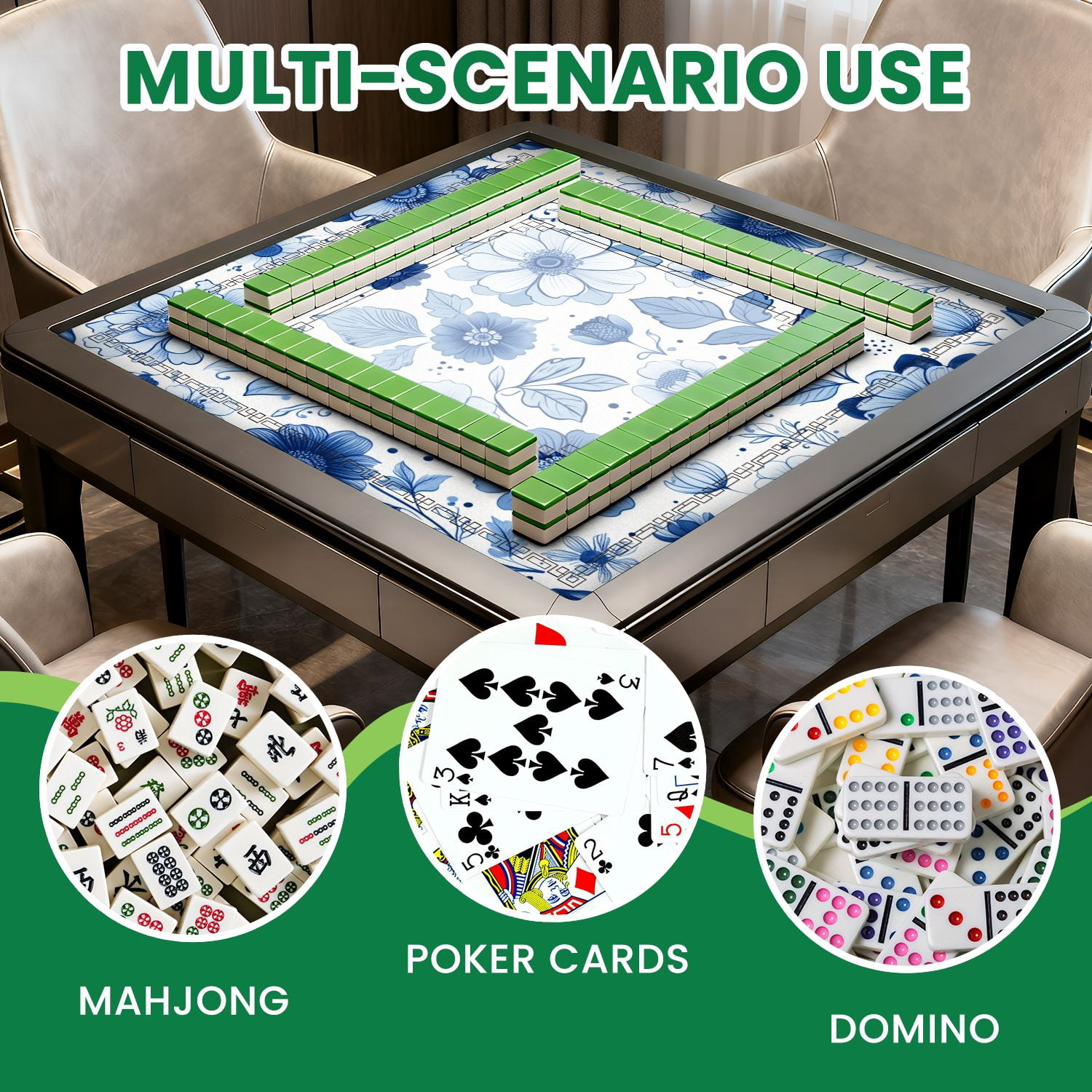 Mahjong Mat 31.5" x 31.5" Blue Floral Detailed Flowers Leaves Hand Drawn Style Non-Slip Noise Reduction American Mahjong Tiles Table Cover for Dominoes Poker Card Board Games Gift