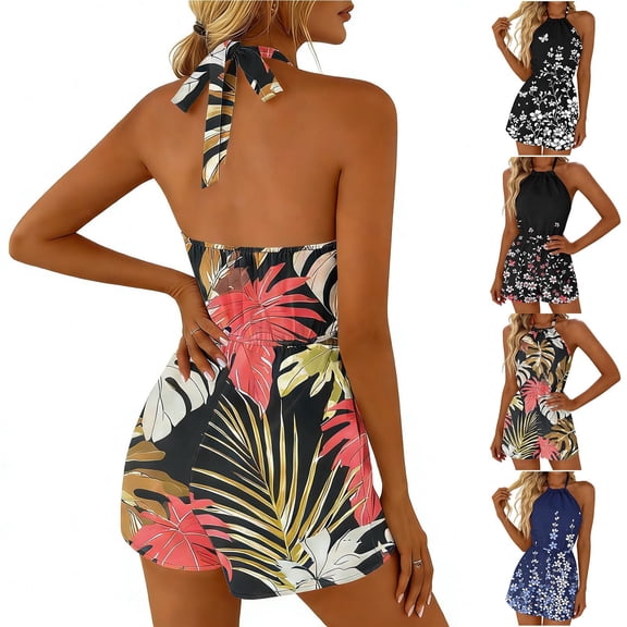 DHFJKG Women Sleeveless Rompers Summer Hawaiian Halter Backless Tropical Printed Elastic Waistband Casual Beach Vacation Outfits