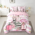 thumbnail image 3 of Erosebridal Cosmetics Perfume Bedding Sets Twin Size,Pink Flower Comforter Sets with Sheets,Geometric Stripes Bed in a Bag Twin Size For Girls,Super Cozy Room Decor Reversible,7-Piece, 3 of 5