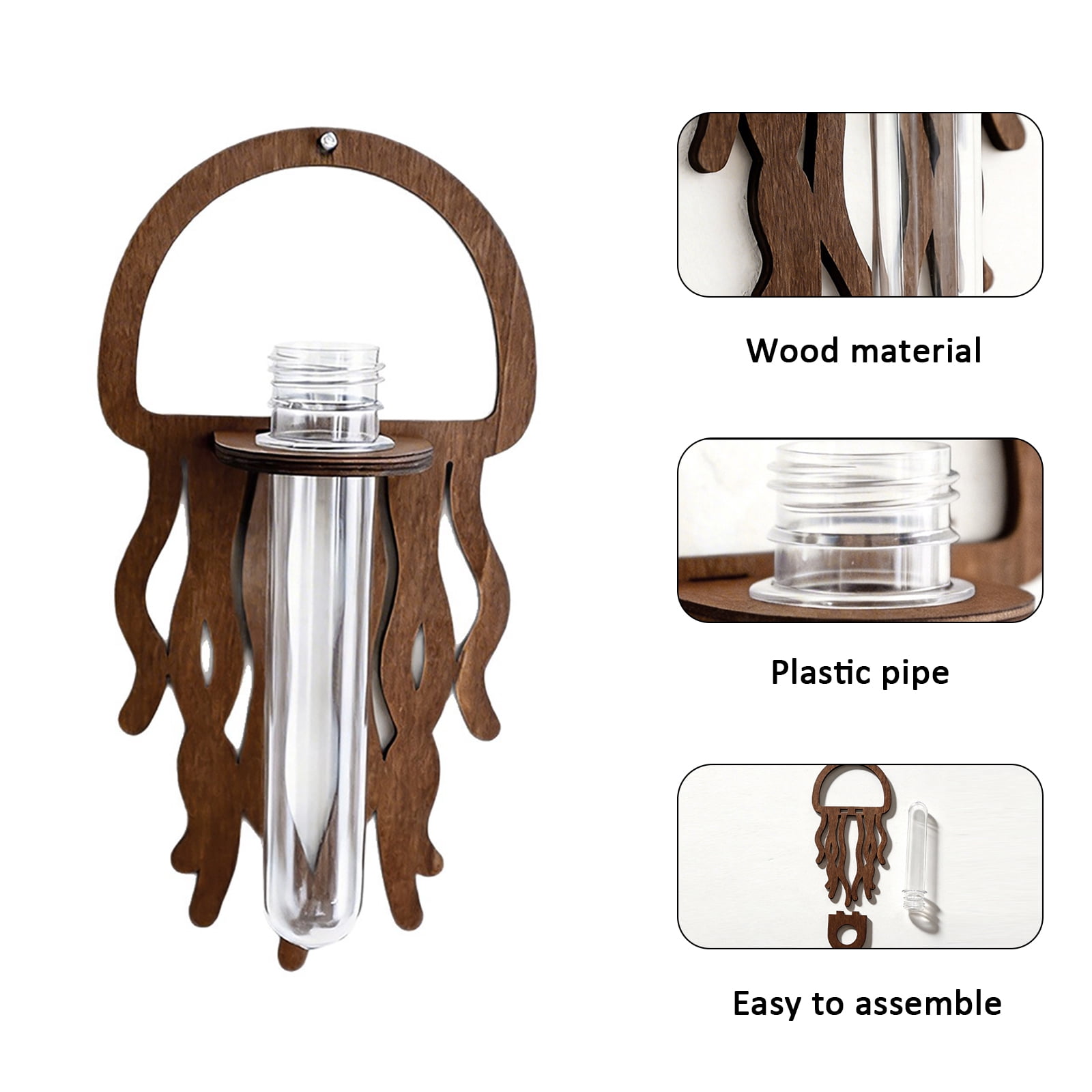 Wooden Jellyfish Shaped Wall Hanging Planter Propagation Station Glass Flower Vase for Hydroponics Plants, Bathroom, Home Office Living Room Decor Gift