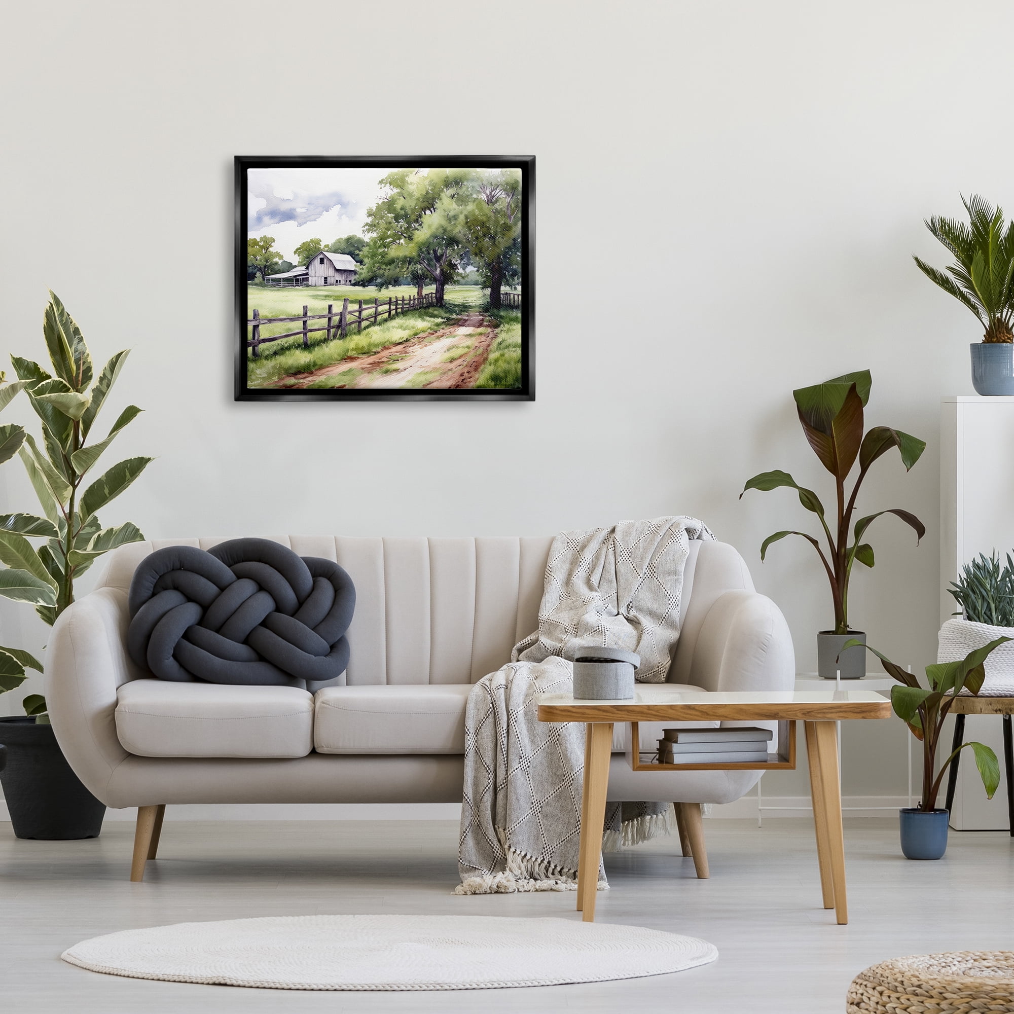 Stupell Industries Countryside Cottage Painting Landscape Painting Black Floater Framed Canvas Art Print Wall Art, 31 x 25