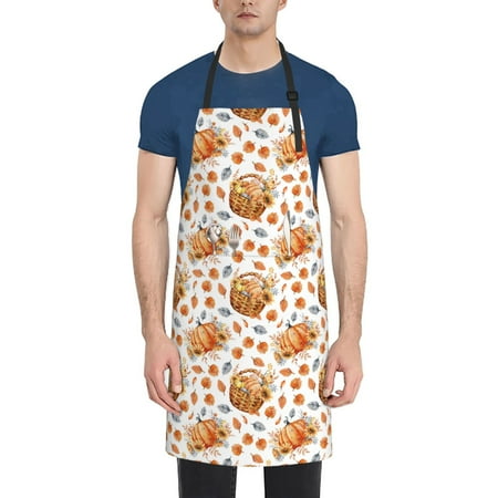 

Pofeuu Autumn Harvest Baskets Print Waterproof Apron with Pockets Adjustable Cooking Aprons Kitchen Bib for Baking Household Cleaning