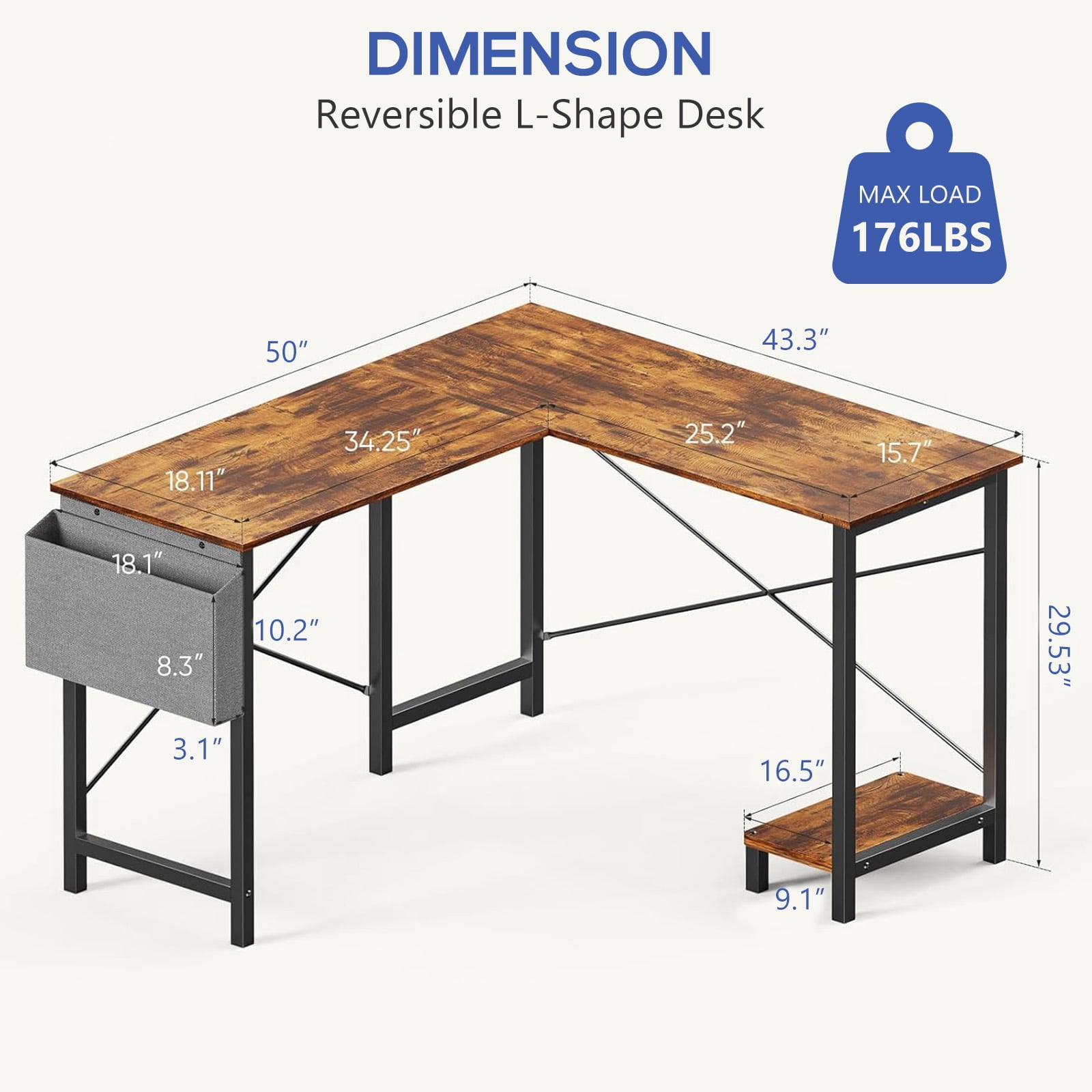 L Shaped Desk, 50 inch Reversible Corner Computer Desk with Storage Shelf & Side Bag, Home Office Working Workstation Gaming Table, Brown