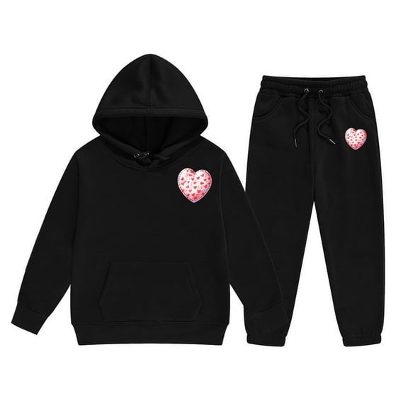 Valentine's Day Girls Activewear Outfit Sets Heart Graphic Hoodies and Sweatpants Sweat Suits 2 Piece Set Casual Athletic Unisex Kids Sweatsuit Black 10-11 Years