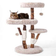 Sopapets 44H Cat Tree Tower Natural Wood With Scratching Posts&Real Branch Design, Heavy Duty Aesthetic Cat Tower for Large Cats, Apricot