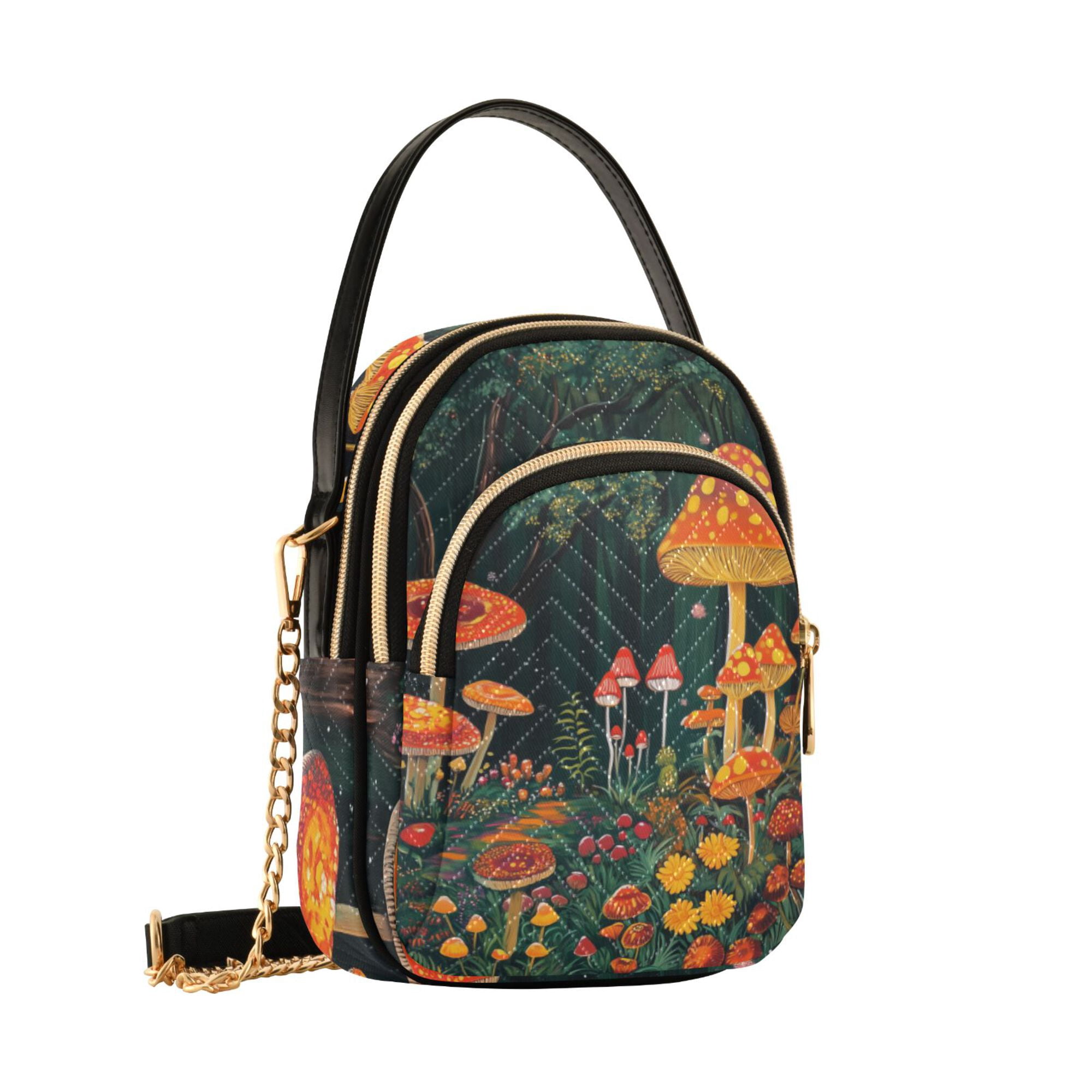 FORMRS Crossbody Bag for Women Quilted Travel Shoulder Cell Phone Purse with Chain Strap Handbag, Forest Mushroom