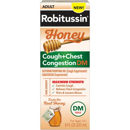Robitussin Honey Adult Maximum Strength Cough + Chest Congestion DM Max, Non-Drowsy Cough Suppressant & Expectorant, Real Honey, 8 fl. oz.