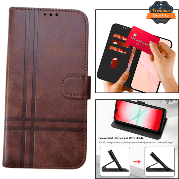 For Samsung Galaxy A17 5G Phone Case Vegan Lines Leather Wallet Case with Credit Card Slot Pouch Flip, Magnetic Closure folio design Cover Brown