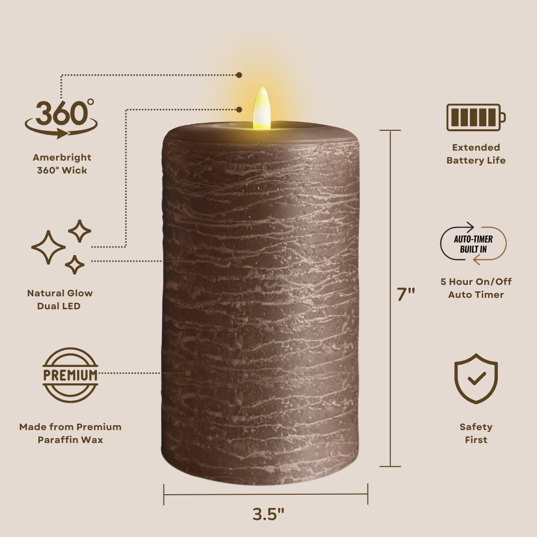 LumiPur Natural Glow Candles, Battery Operated Flameless LED Pillar Candle, Cocoa Brown, 3.5" x 7"