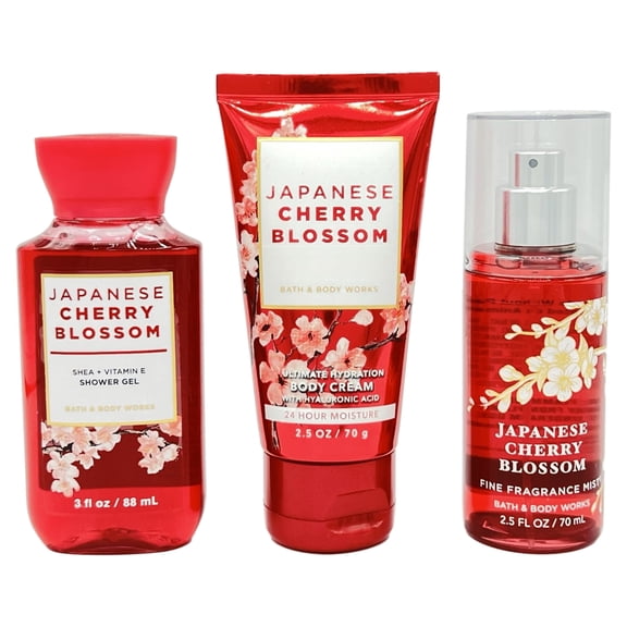 Bath & Body Works Japanese Cherry Blossom Travel Size Shower Gel, Body Cream and Fine Fragrance Mist 3-Piece Bundle