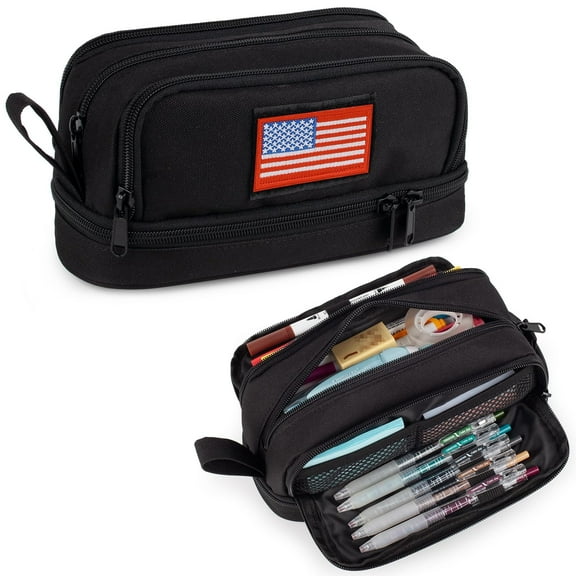 4 Compartments Pencil Case for Boys, Big Canvas Pen Pouch Bag, Large Capacity Pen Box, Tool Bag for Middle School College Office Organizer for Kids Men Women Adult Teens-Black