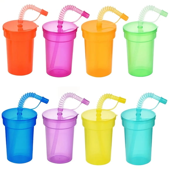 Plastic Kids Party Cups with Lids and Straws, 6Pack 12 oz Neon Sipper Cups, Colorful Party Favor Cups for Birthday, Holiday, Events, Party Decoration Supplies