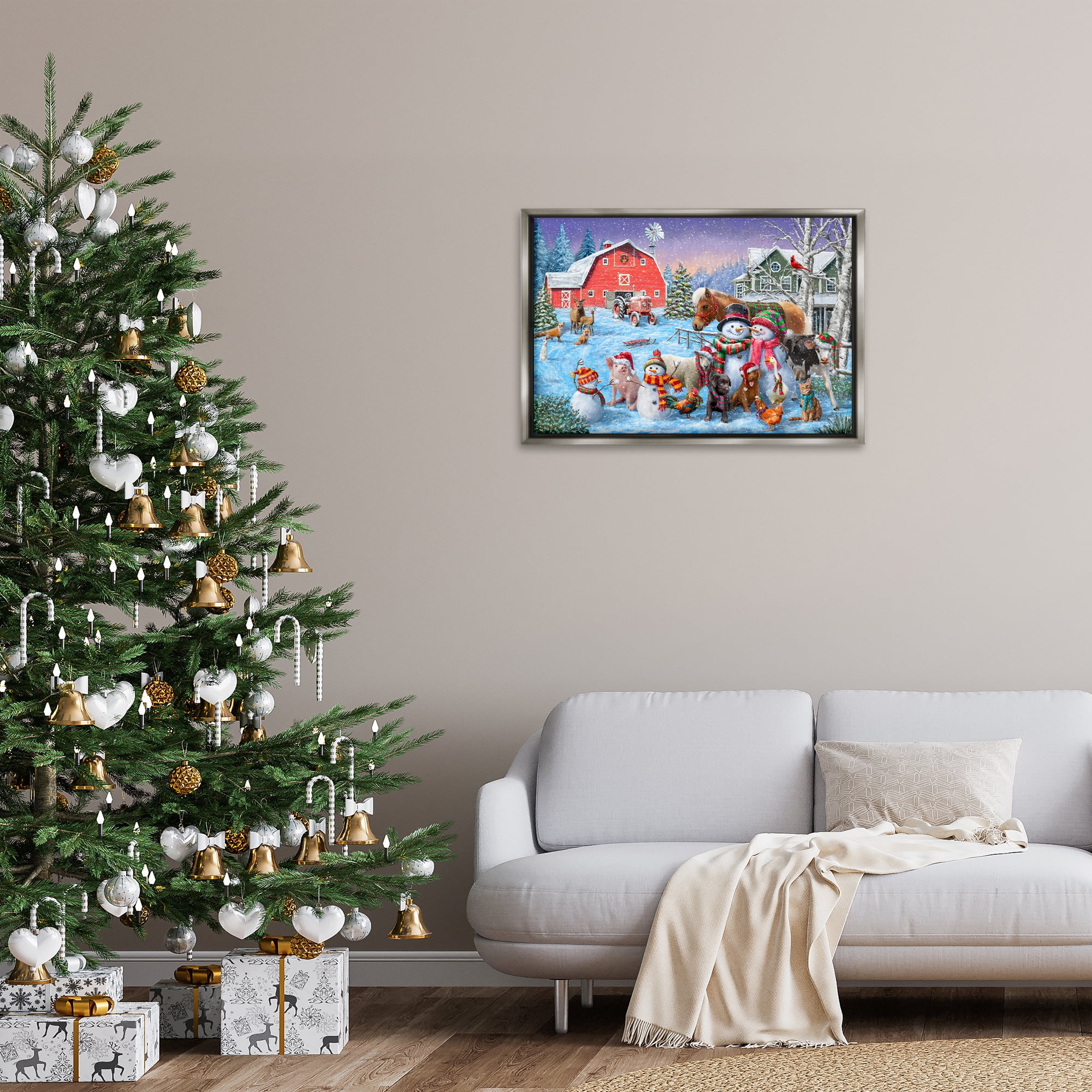 Stupell Industries Snowman & Dogs Family Holiday Painting Gray Floater Framed Canvas Art Prints Wall Art, 31 x 21