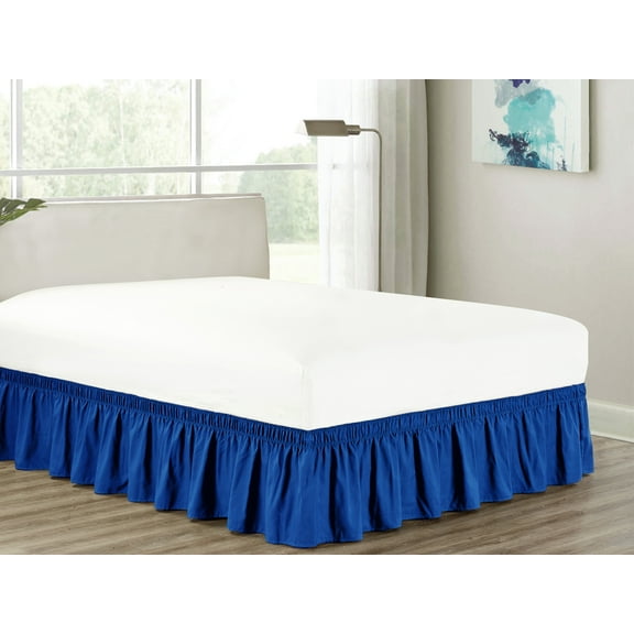 HGS Heavy Duty Blue Polyester Microfiber Ruffled Wrap Around Bed Skirt, Queen