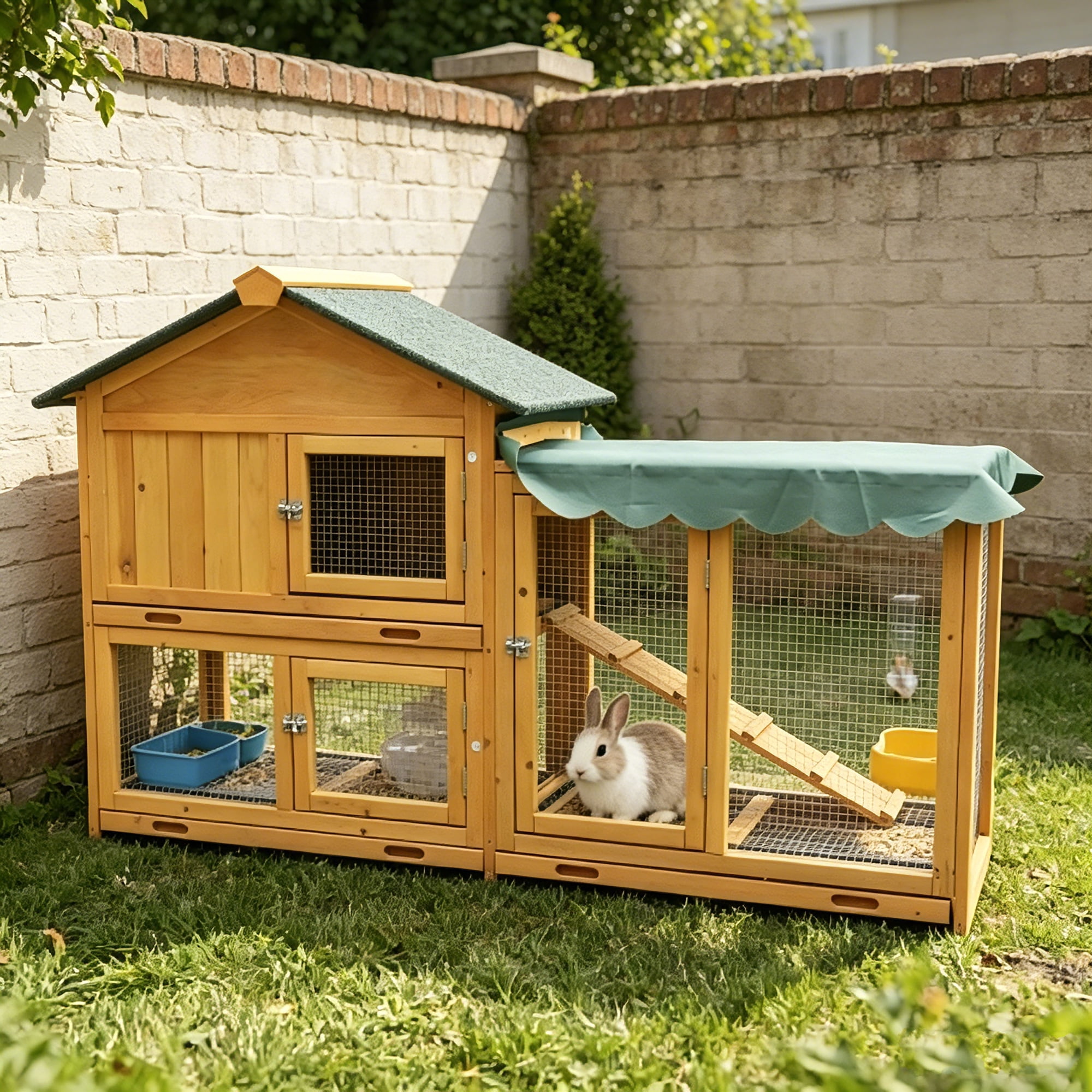 AUU Large 2-Tier Wooden Rabbit Hutch with Run – Outdoor/Indoor Bunny Cage, Pull-Out Tray & Waterproof Roof, Small Animal House for Guinea Pigs, Chickens, Hamsters