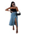 thumbnail image 6 of LYMAYTER High Waist Denim Skirt for Women Button Front Asymmetrical Jean Skirt Slit Stretchy Skirt S-2XL, 6 of 8