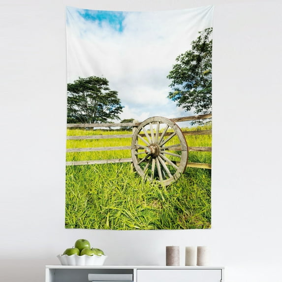 Wagon Wheel Tapestry, Fresh Green Meadow Ranching Fences Growth Rural Landscape Trees, Fabric Wall Hanging Decor for Bedroom Living Room Dorm, 5 Sizes, Multicolor, by Ambesonne