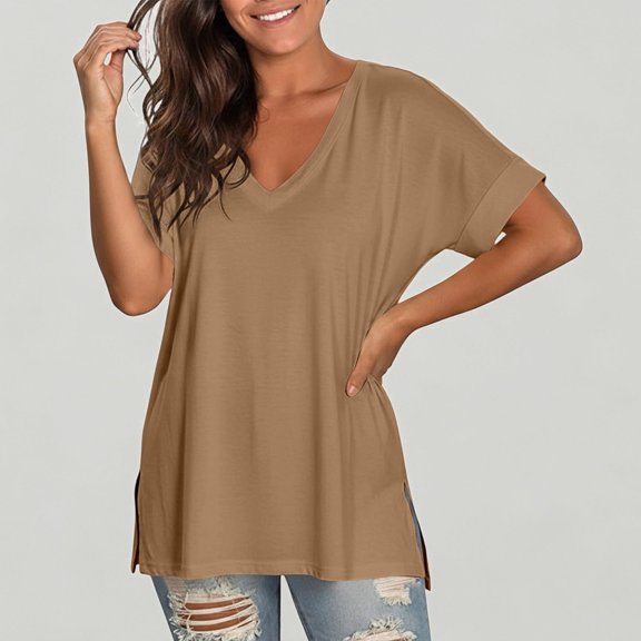 Xijirk Women's V-Neck Tunic T-Shirt Loose Fit Short Sleeve with Side Slits Casual Summer Top for Daily Wear,M