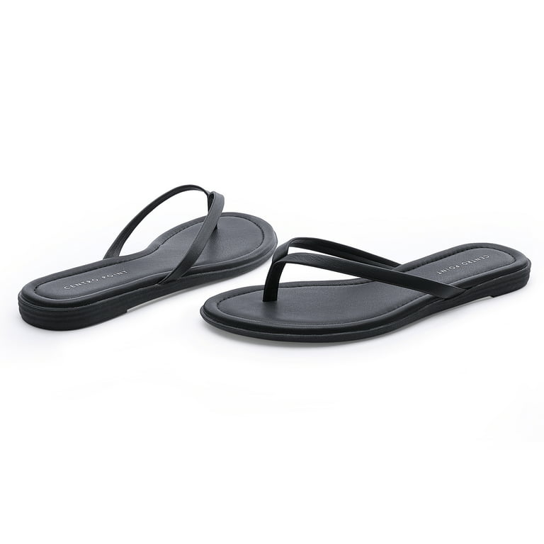 CentroPoint Women's T-strap Thong Flat Flip Flops Casual Thin Strap Sandals  Single Layer Premier Leather Shoes For Summer Outdoor Black PU Size 10