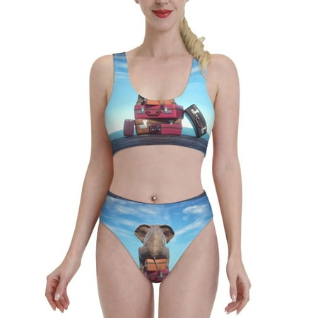 Bixox Elephant Sits On A Stack Pattern Two-Piece Sports Bikini with U-Shaped Top and High-Waist Bottom - Women s Swimwear with Removable Bra Pads