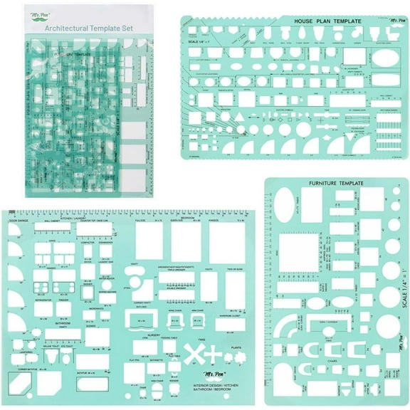 Mr. Pen- House Plan, 3 Pack, Green, Interior Design and Furniture Templates, Drafting Tools and Ruler Shapes for Architecture, Drafting Tools, Architecture Supplies, Drafting Templates