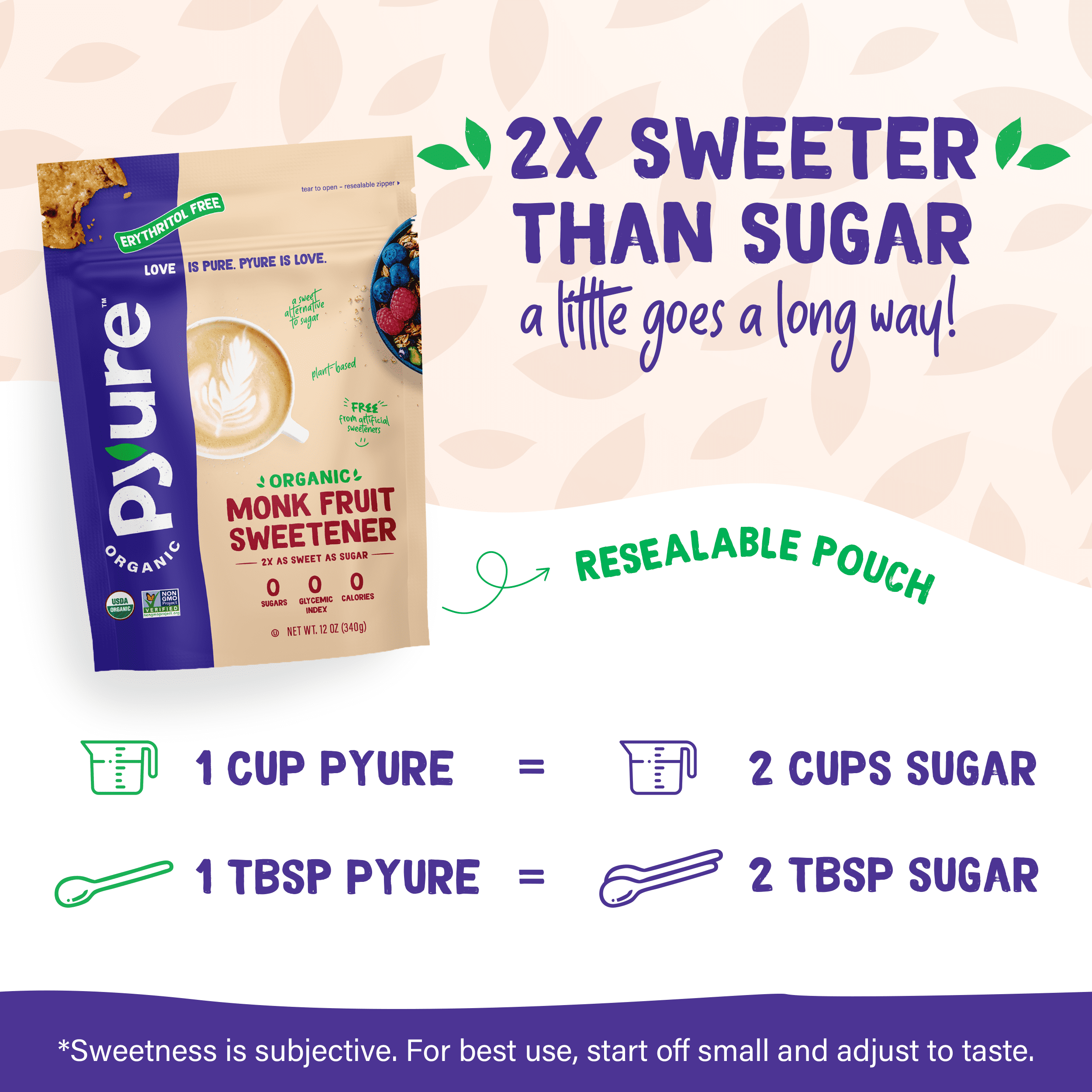 (6 pack) Pyure Organic Monk Fruit Sweetener | White Sugar Substitute for Baking, Coffee & Tea | Zero Carb, Zero Calorie, Keto, Plant-Based, Non-GMO, Gluten-Free, USDA Organic | 12 oz Granulated Blend