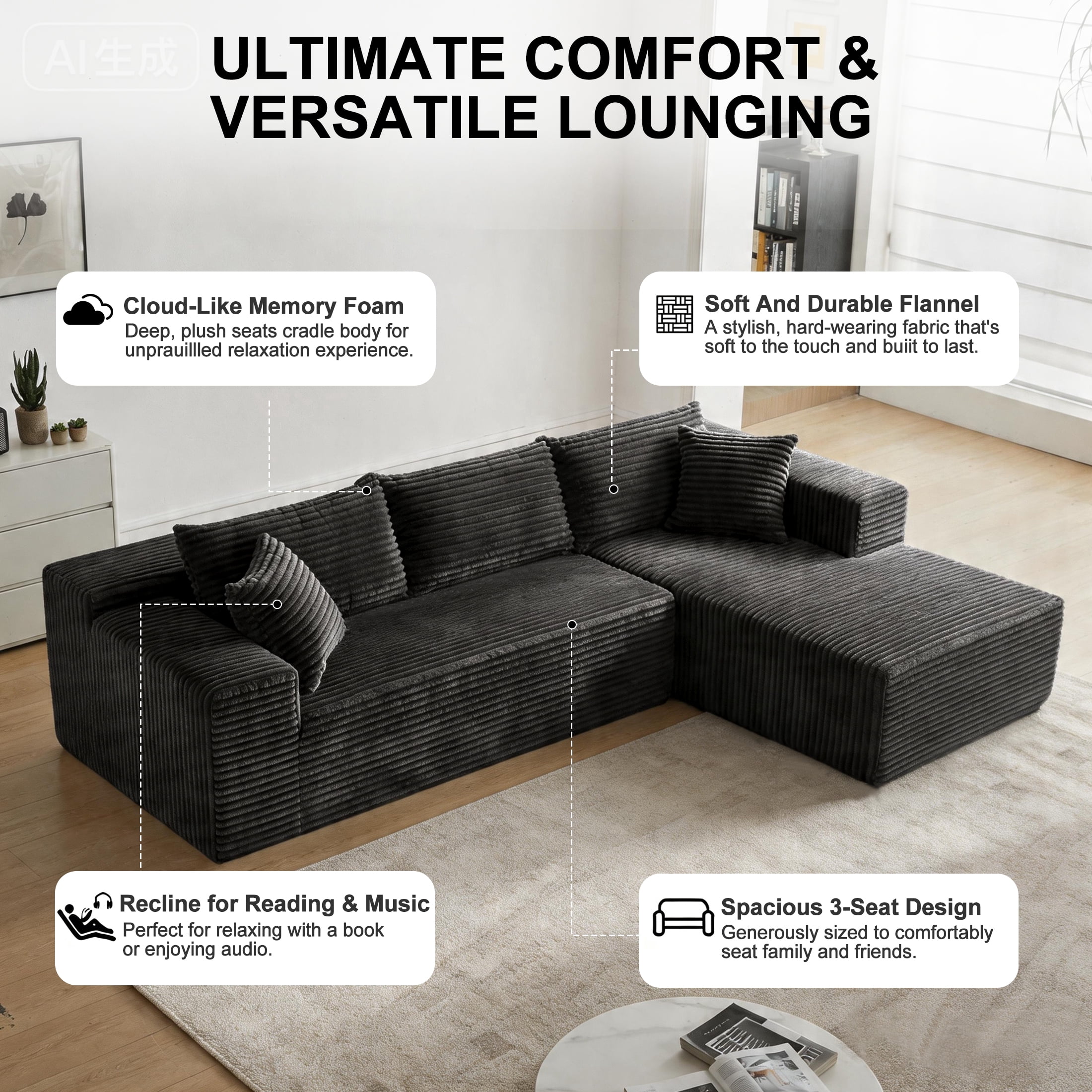 Xiweot 103" Cloud Sectional Couch for Living Room, Memory Foam Sectional Sofa with Deep Seat, Corduroy L Shaped Modular Sectional Couch with Right Facing Chaise, Black