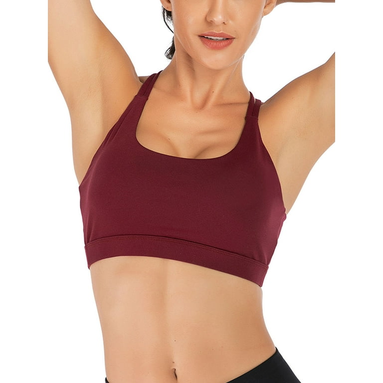 Plus Size Sports Bra for Women, Cross Back Wireless Padded Strappy Cropped  Bras, Workout Yoga Bra with Removable Cups (Color : Wine Red, Size 
