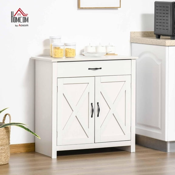 Farmhouse Sideboard Buffet Cabinet with Barn Door and Adjustable Shelf for Kitchen Living Room Entryway White Wash