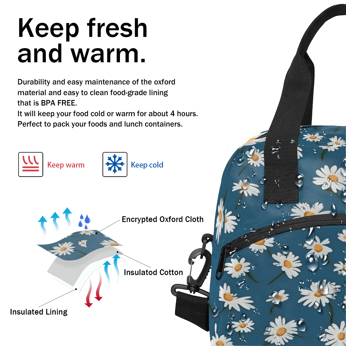 Herdesigns Daisy Flower Insulated Lunch Bag for Women Men Adults Large Reusable Lunch Box Floral Leakproof Cooler Tote Bags with Adjustable Shoulder Strap