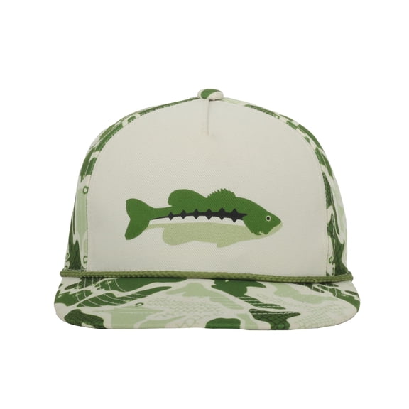 Outdoor Cap Bass Fishing 5-Panel Structured Hat – Flat Visor with Rope, Sublimated Camo Print, Ivory, One Size
