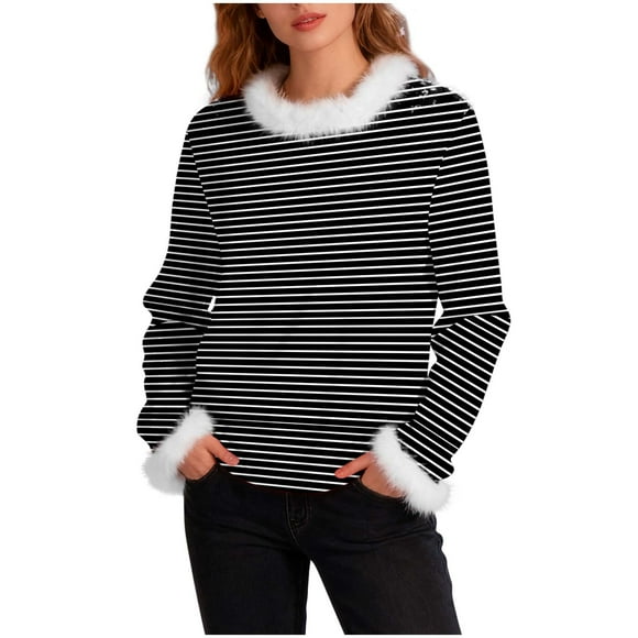 Chunky Knit Cotton Sweater Womens White Faux Fur Trim Holiday Striped Pullovers Long Sleeve Fall Ladies Sweaters Black, XXL