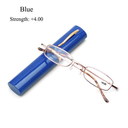 +1.00~+4.00 Metal Case Spring Hinge Eyeglass with Pen Tube Case Presbyopic Glasses Portable Reading Glasses BLUE STRENGTH 4.00