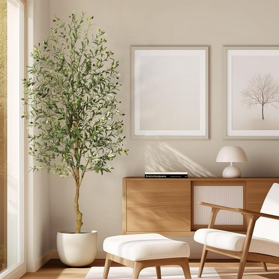 Faux Olive Tree 7FT, Fake Silk Plant for Living Room Decor, Indoor Fake Potted Tree with Green Leaves and Big Fruits