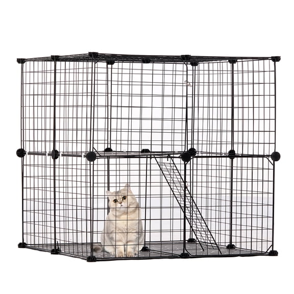 VEVOR Large 2-tier Cat Cage, 28 x 28 x 28", DIY Detachable Metal Wire Cat Enclosure, with Ramp Ladder Adjustable Resting Platform, Crate Large Indoor & Outdoor Exercise Place for Small Animals, Black
